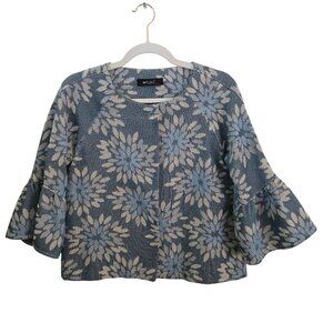 Malibu Italy Jaquard Blue Beige Floral Bell Sleeve Snap Closure Jacket Size 38/M